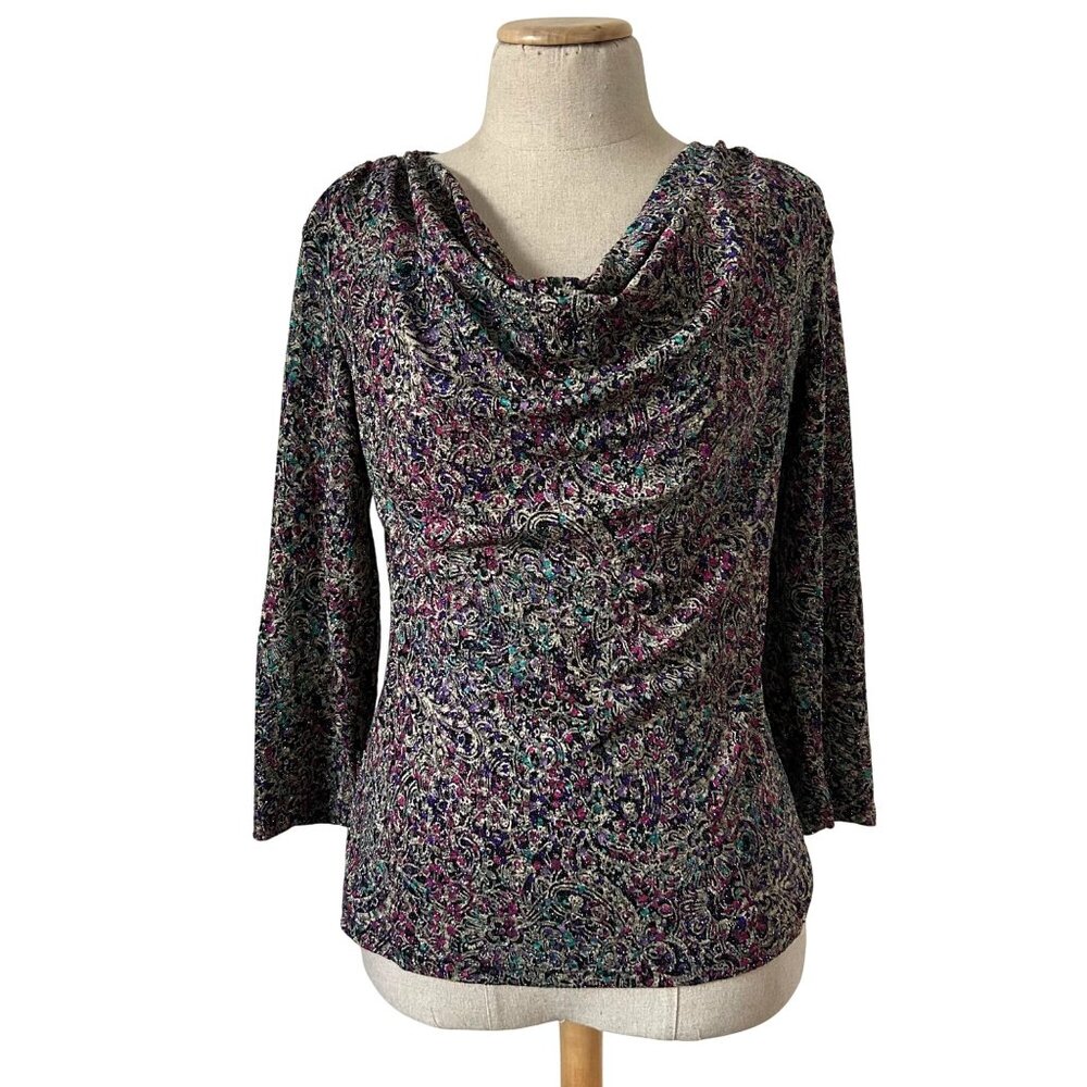 MSK Womens Sz S Cowl Neck Multicolor Metallic Paisley 3/4 Sleeve Top
